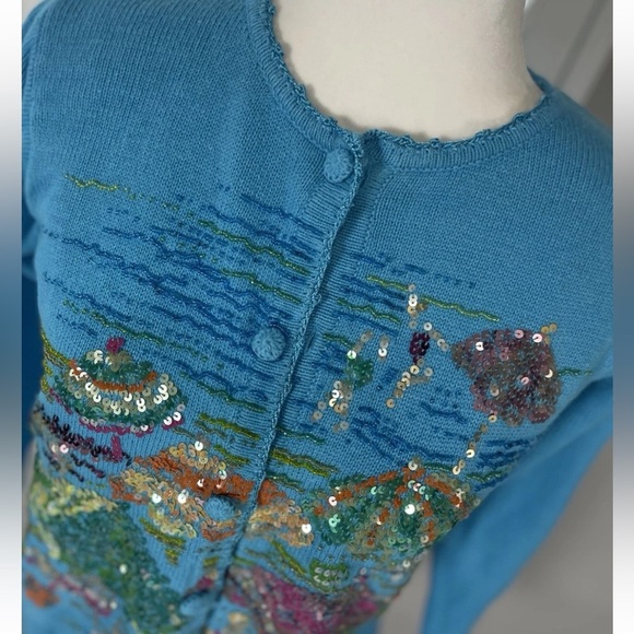 Quacker Factory Embellished Cardigan Sweater XS Sequin Beads Beach Umbrella BLUE - Picture 3 of 16